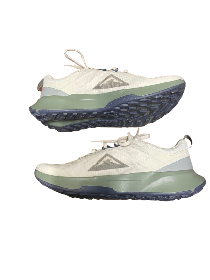 A pair of trail running shoes shown from the side against a plain white background. The shoes feature an off-white mesh upper, a muted sage green midsole, a dark navy outsole, and a gray triangular logo on the side.